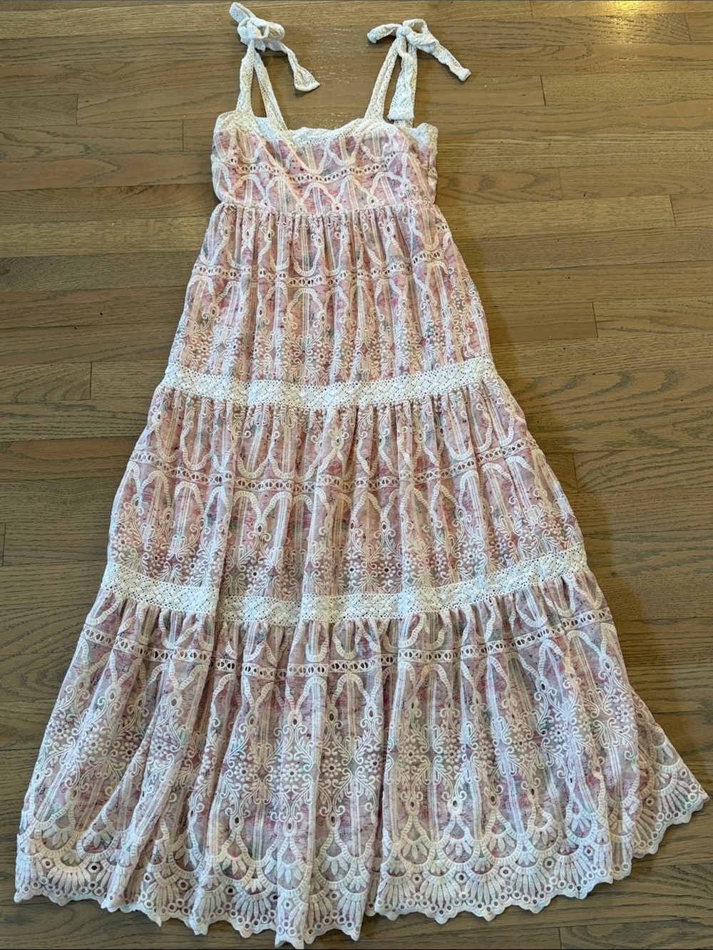 Designer Floral  Lace Tiered Sundress with Tie Straps